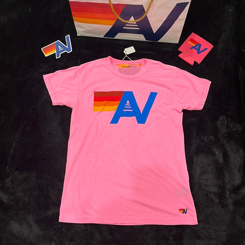 - NWT Kids Aviator Nation T Shirt AV Logo tee Size 10 Neon Pink